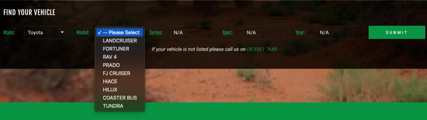 Screenshot showing homepage vehicle selector